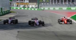 Себастьян Феттель обходит Эстебана Окона в гонке Формулы-1 2017 года в Монреале